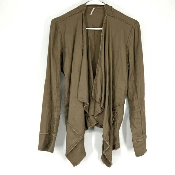 Free People Raw Linen Blend Tan Open Drapey Cardigan Front Buckle XS - Picture 3 of 8